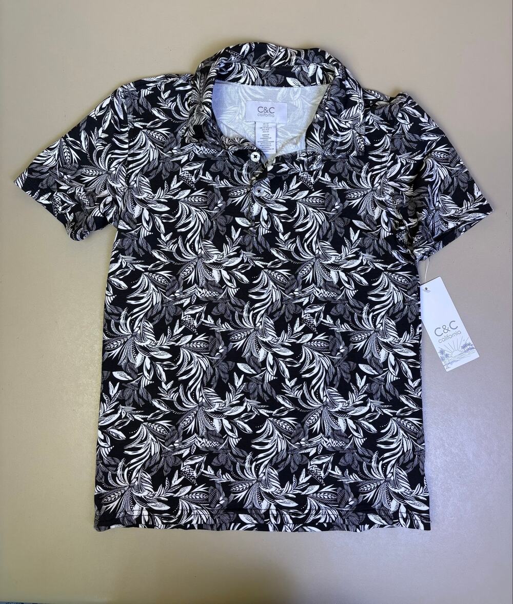 C&C California Kids Tropical Leaf Polo Shirt Black White Size 12 NWT
